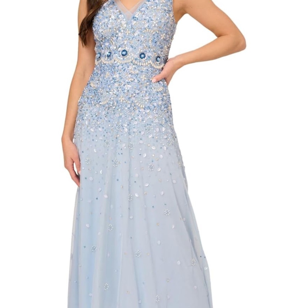 Elegant Blue Evening Gown. Adrianna Papell Women's Beaded Dress. NWT